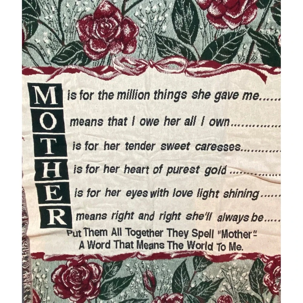 Vintage Chatham Cotton Classics Mother Poem Woven Tapestry Throw Blanket Rose